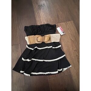 Y2K Bongo Juniors Tube Fun Tiered Belted Jersey Top Black Crochet Lace Trim
